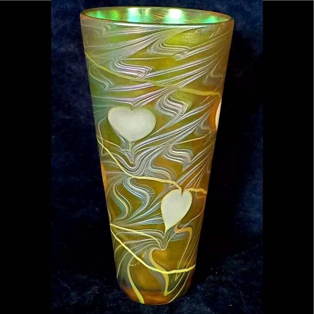 Art Glass Heart Motif Amber Iridescent Vase